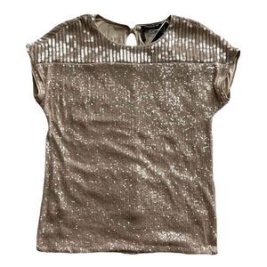 Cable & Gauge Sequin Embellished Tan Top Sequin Embellished Blouse Buffsequin